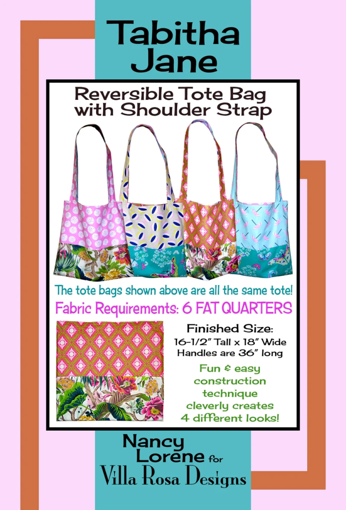 A promotional poster for a reversible tote bag design by Tabitha Jane, featuring images of four different tote bags, fabric requirements, and construction details. The bags are displayed with colorful patterns and a shoulder strap.