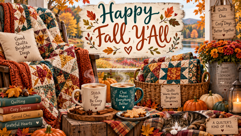 Cozy fall decor featuring quilts, coffee mugs, pumpkins, and autumn leaves with a sign that says 'Happy Fall Y'all'.
