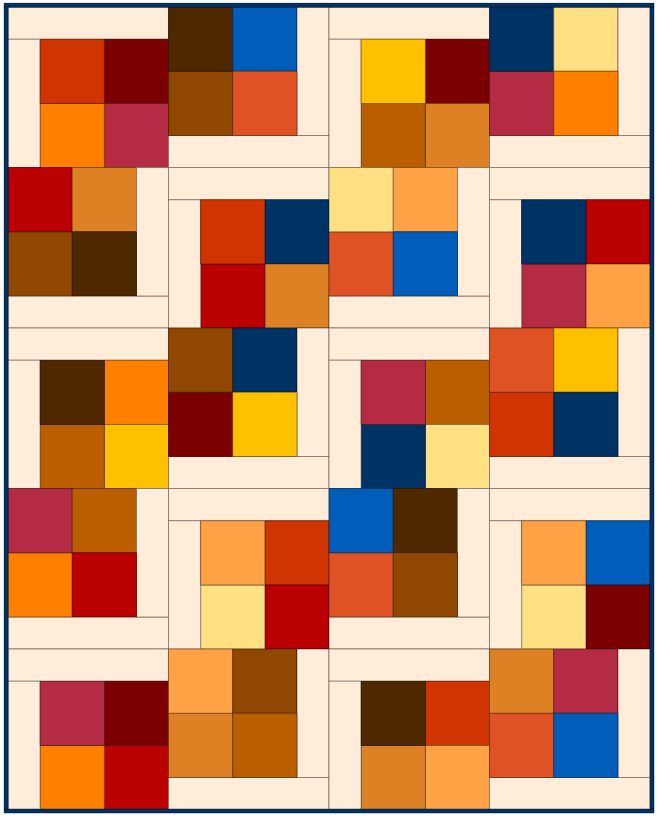 Abstract geometric pattern featuring a grid of colorful squares in shades of red, orange, yellow, blue, and brown.