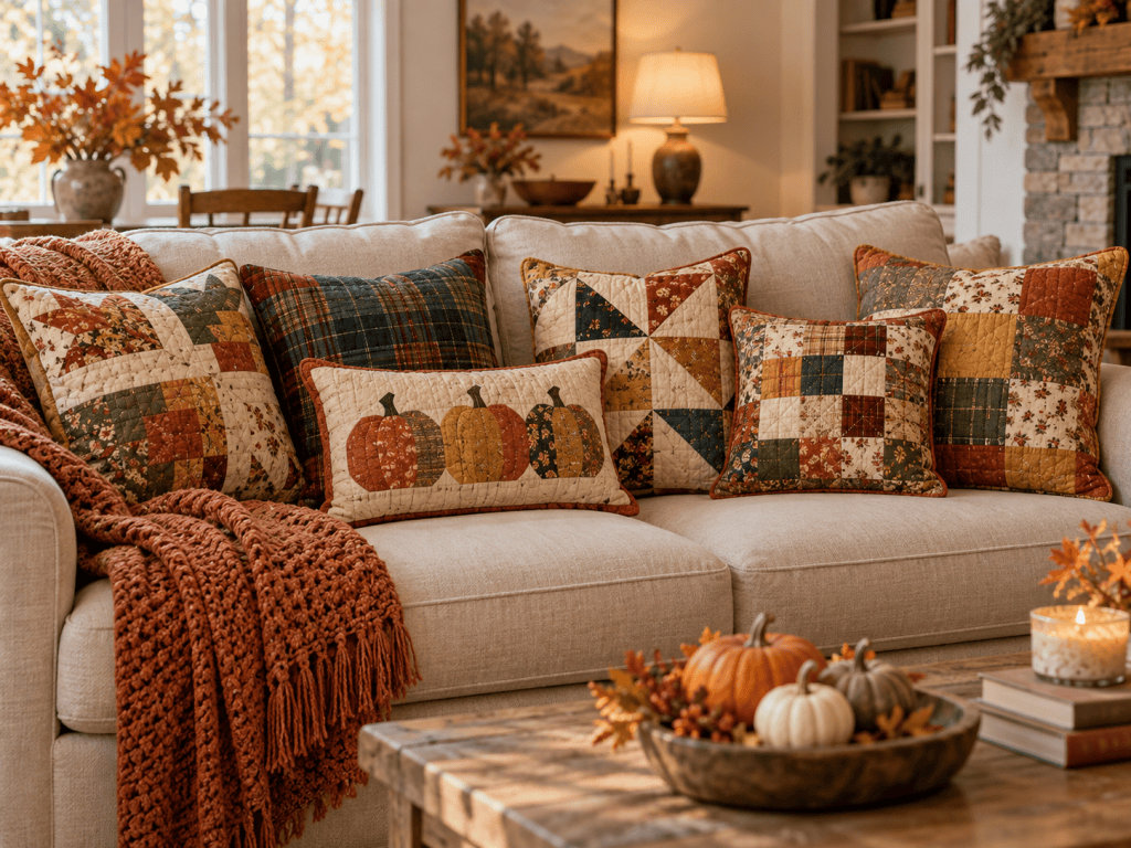 A cozy living room sofa adorned with a variety of decorative pillows featuring autumn-themed patterns, including pumpkins and floral designs. An orange knit throw blanket drapes over the arm of the couch, and a coffee table displays decorative pumpkins and books, enhancing the fall ambiance.