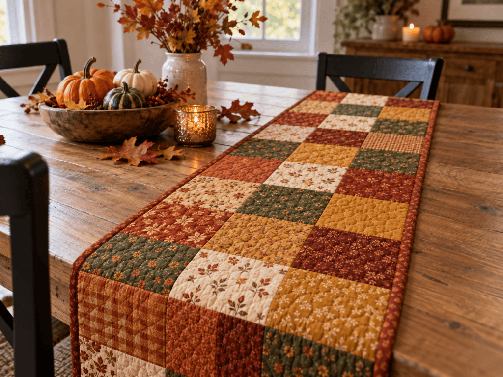 A wooden dining table adorned with a patchwork table runner in autumn colors, featuring orange, green, and gold squares. A bowl of various pumpkins and gourds is placed at one end, accompanied by decorative fall leaves and a lit candle.