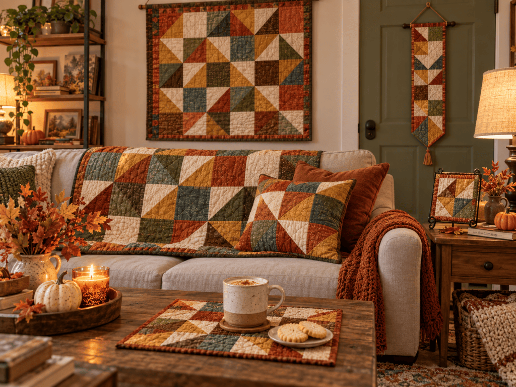 Cozy living room scene featuring a light-colored sofa adorned with a colorful quilt and pillows, a wooden coffee table with cookies and a warm drink, decorative fall-themed accents, and a wall hanging with a geometric pattern.
