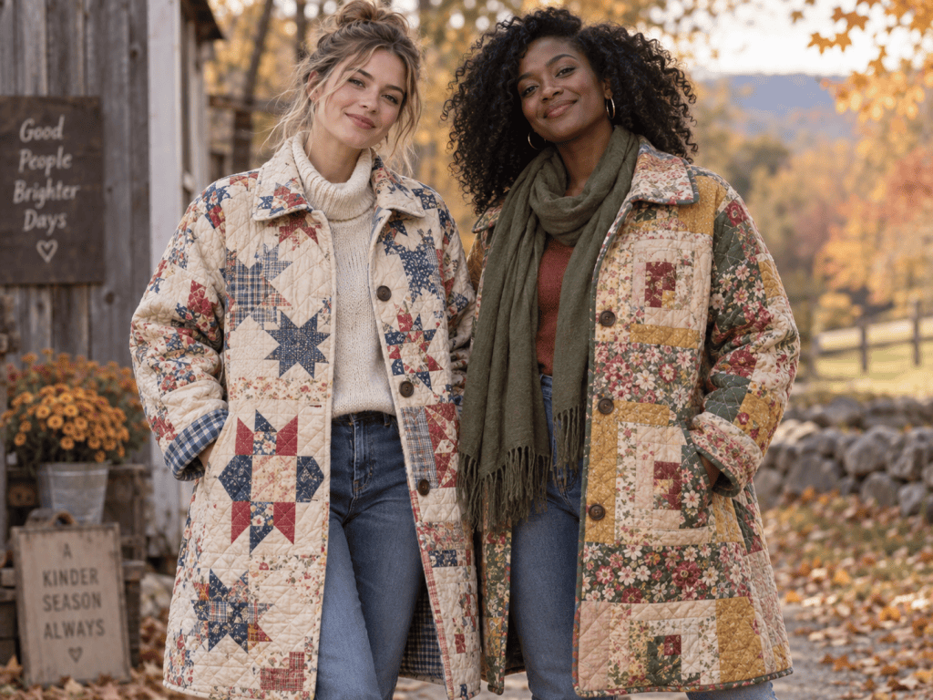 Two women standing outdoors in autumn, wearing quilted jackets with floral patterns. One is wearing a turtleneck sweater, while the other has a scarf draped around her neck. Colorful fall foliage in the background.