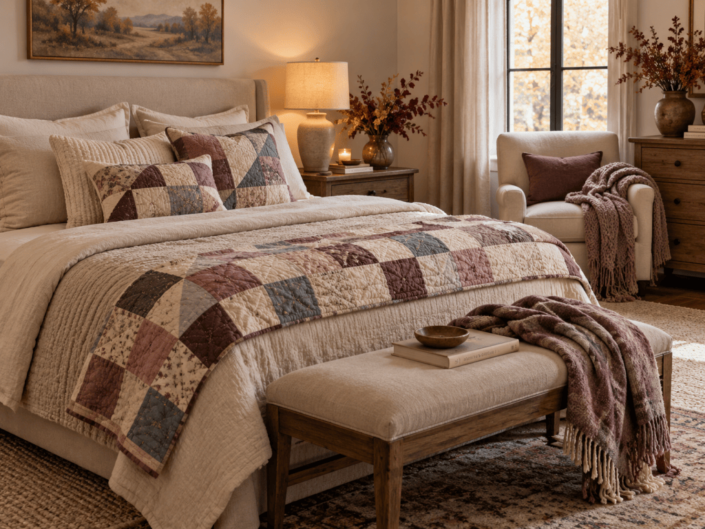 A cozy bedroom featuring a patchwork quilt on a bed with multiple pillows, a wooden bench with a bowl and books, and a comfortable chair in the corner. Soft natural light shines through a window, creating a warm atmosphere.