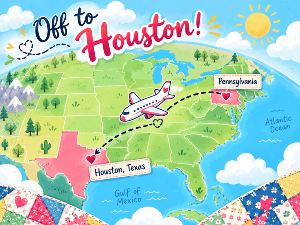Colorful illustration of a map showing the route from Pennsylvania to Houston, Texas, with an airplane and decorative elements.