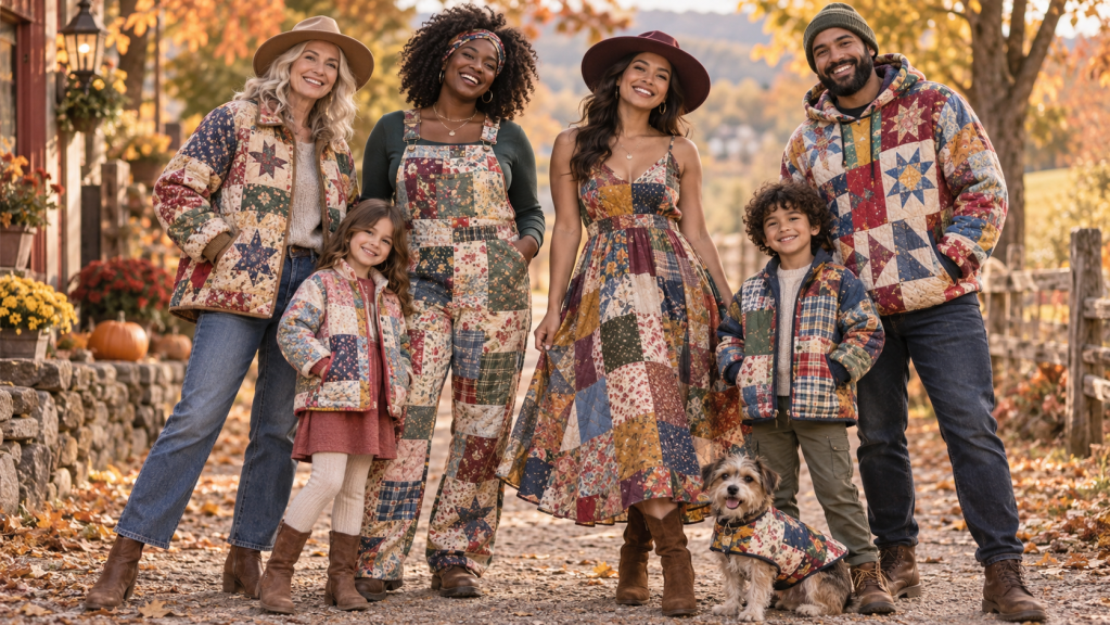 A family poses outdoors in a rural setting during autumn, wearing colorful patchwork outfits. The group includes a woman in a hat and a two women in festive jackets, along with two children and a small dog dressed in matching attire. Vibrant fall foliage and a rustic background complete the scene.