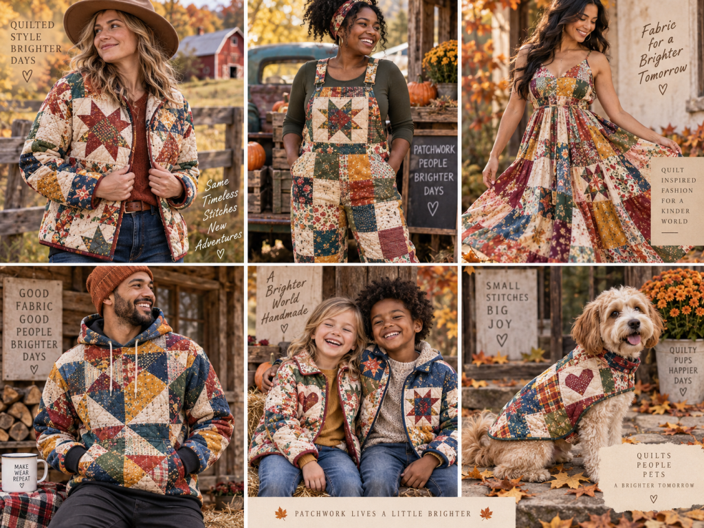 Collage featuring models wearing quilted patchwork clothing in an autumn setting, including jackets, dresses, and hoodies, along with a dog in a quilted coat.