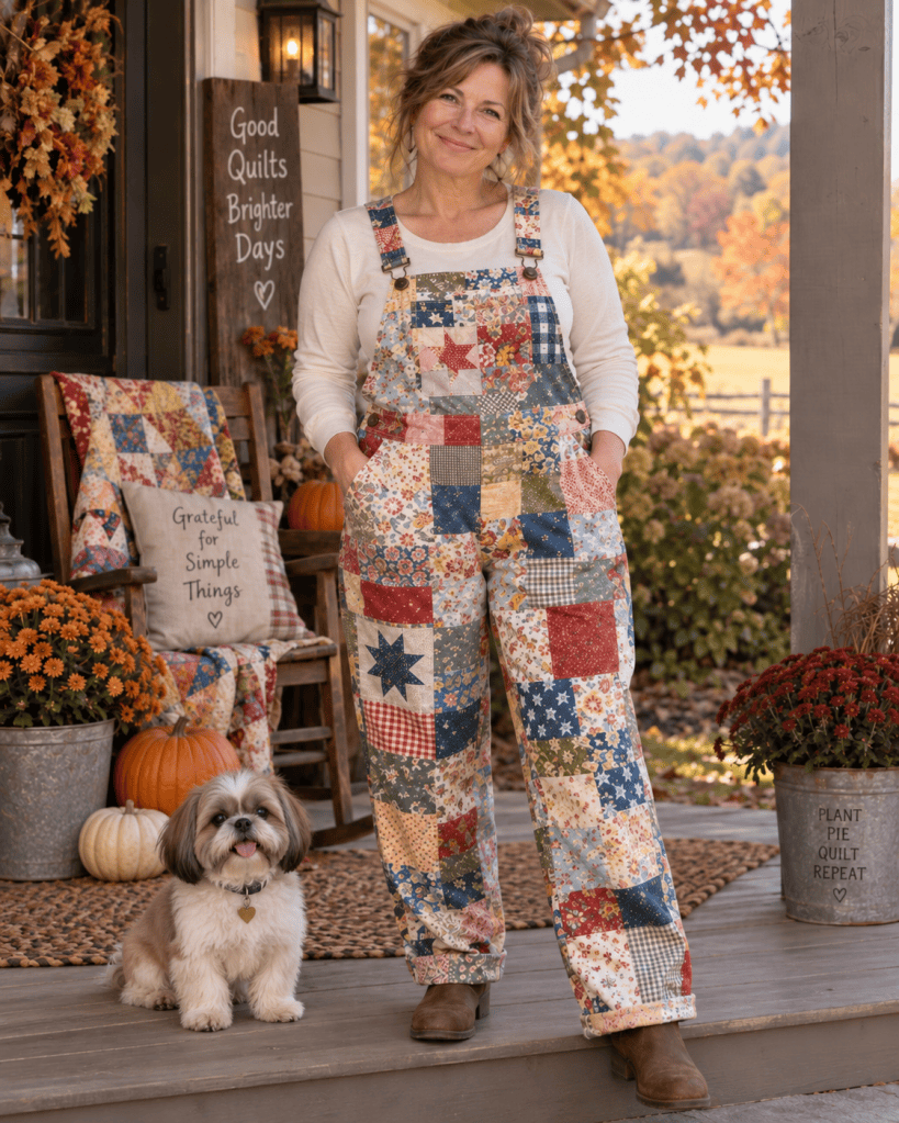 A smiling woman wearing colorful patchwork overalls stands beside a small dog on a porch decorated with autumn flowers and pumpkins.