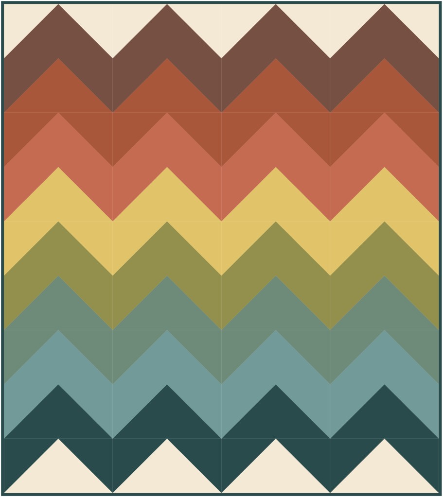 A geometric pattern featuring chevron shapes in various warm and cool colors, including brown, orange, yellow, green, and blue.