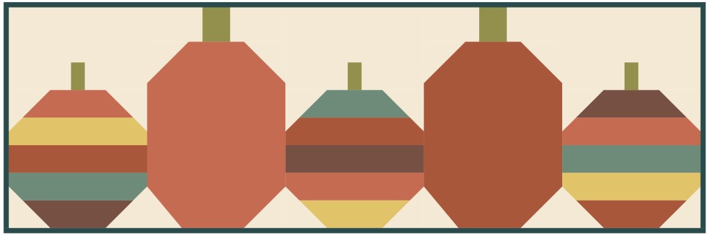 A decorative graphic featuring five stylized pumpkins in various shapes and colors, arranged in a row against a light background.
