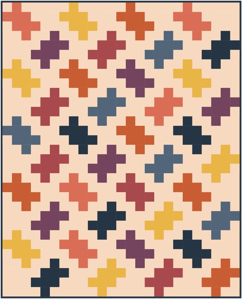 A geometric pattern featuring multicolored plus signs arranged on a light background.
