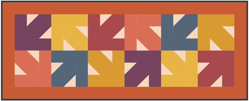 A geometric pattern consisting of colorful interlocking shapes in various shades of purple, yellow, orange, and blue, arranged in a square grid layout with an orange border.
