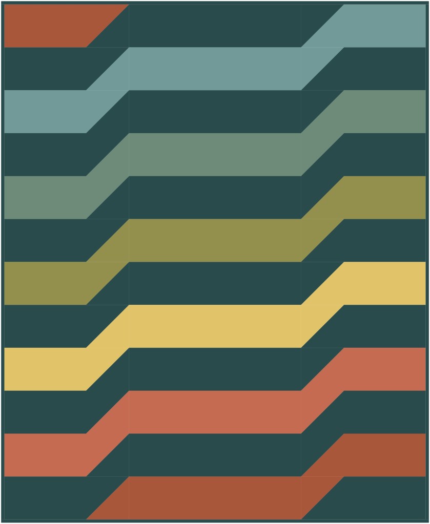 Abstract geometric pattern featuring jagged horizontal lines in varying colors such as teal, green, yellow, and red against a dark background.