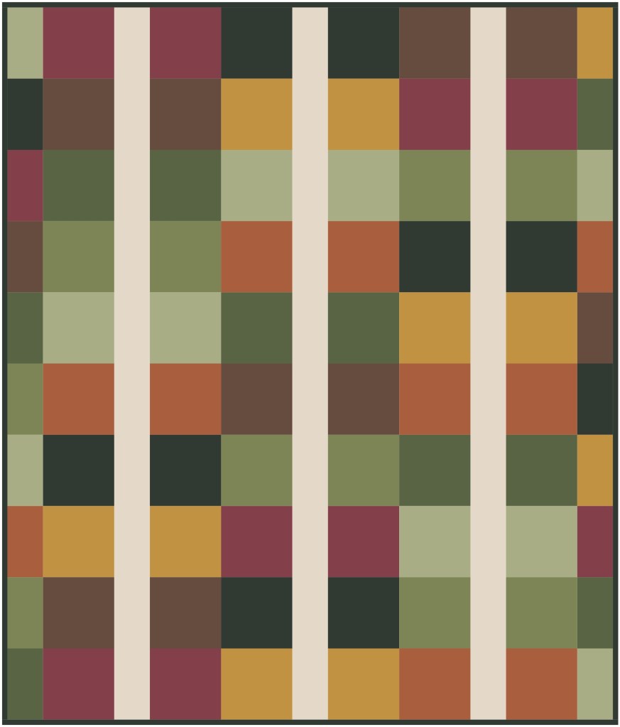 A colorful geometric pattern featuring blocks of green, burgundy, orange, yellow, and cream, arranged in a grid with vertical white stripes.