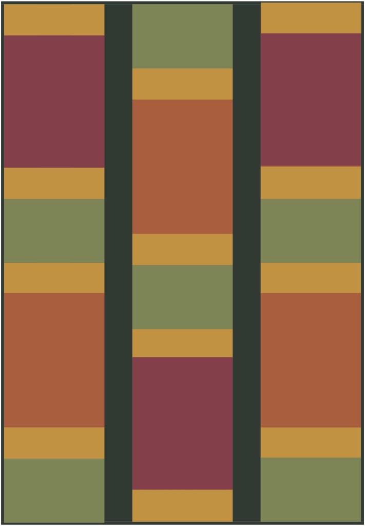 A colorful textile design featuring vertical stripes in maroon, green, orange, and yellow against a black background.