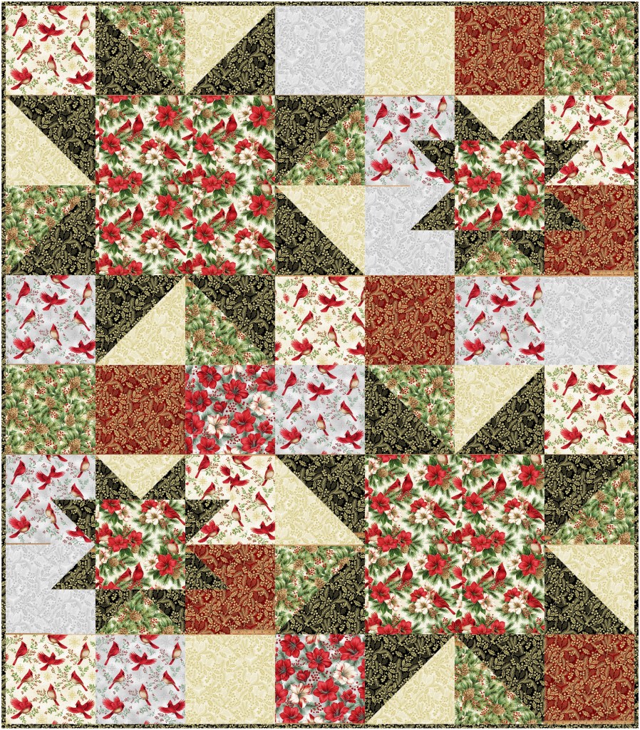 A colorful quilt featuring a star pattern with floral and festive designs in red, green, gold, and white hues.