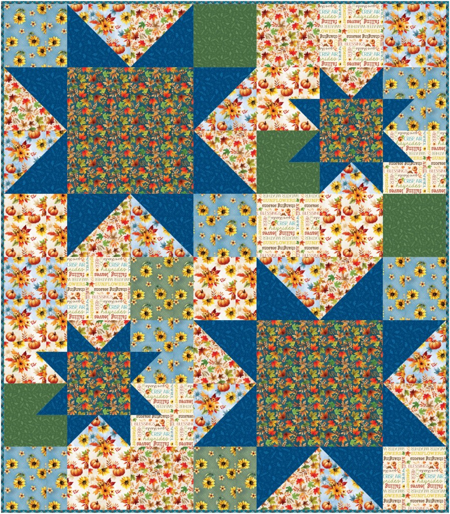 A colorful quilt featuring a star pattern with floral and seasonal fabric designs in vibrant hues of blue, green, orange, yellow, and cream.