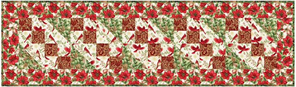 A festive patchwork table runner featuring red and green floral patterns, including poinsettias and holly, set against a cream background.