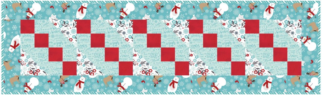 Colorful winter-themed fabric design featuring snowmen, reindeer, and festive patterns with red and aqua squares.