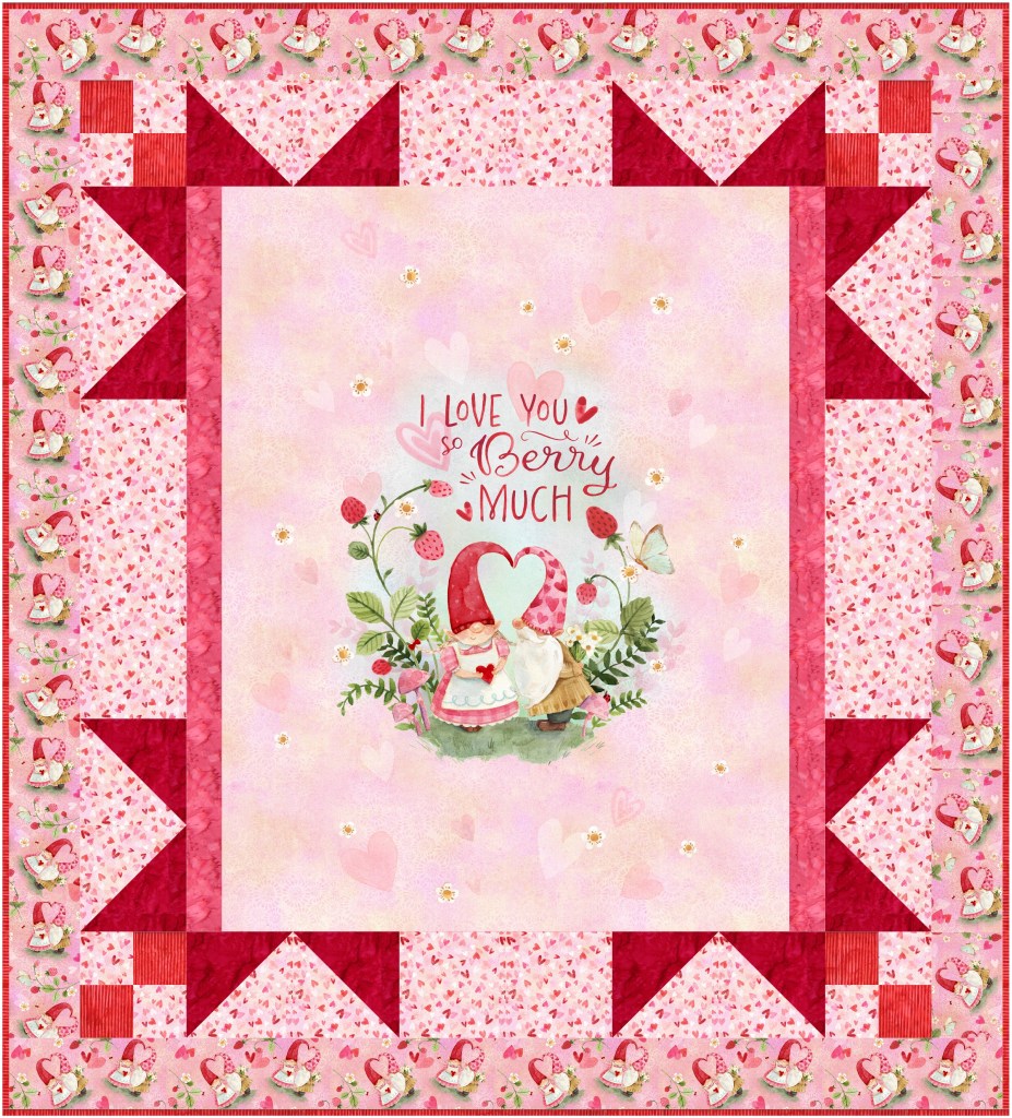 A colorful quilt design featuring a central illustration of two cute gnomes holding a heart with the text 'I love you so Berry much.' The quilt is bordered with patterns of pink and red hearts, flowers, and gnome motifs.