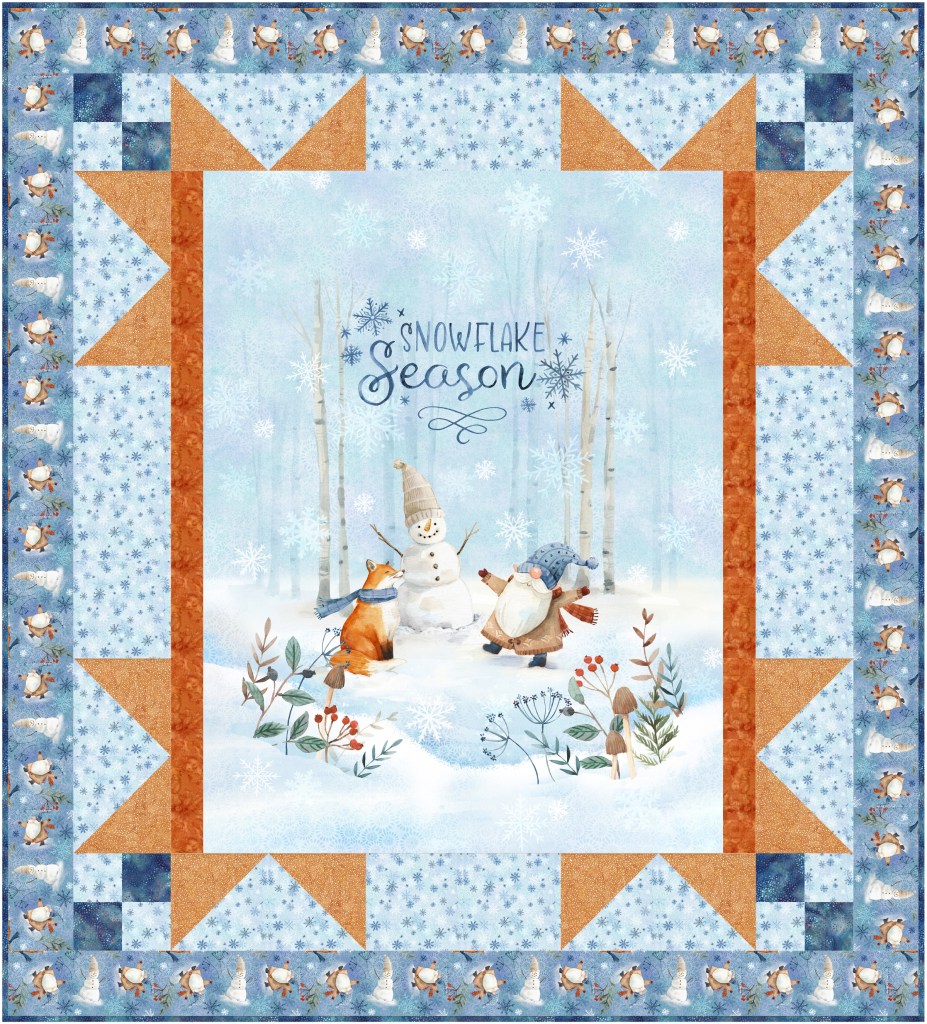 A winter-themed quilt featuring playful animals and a snowman surrounded by snowflakes and trees, with the text 'Snowflake Season' at the center.