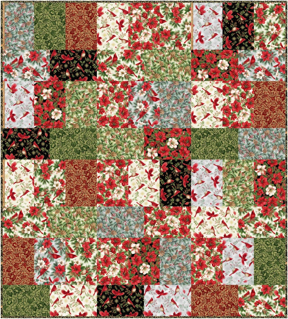 A colorful patchwork quilt with various floral patterns, featuring red and green hues, seasonal motifs including poinsettias, and birds, arranged in a symmetrical grid.