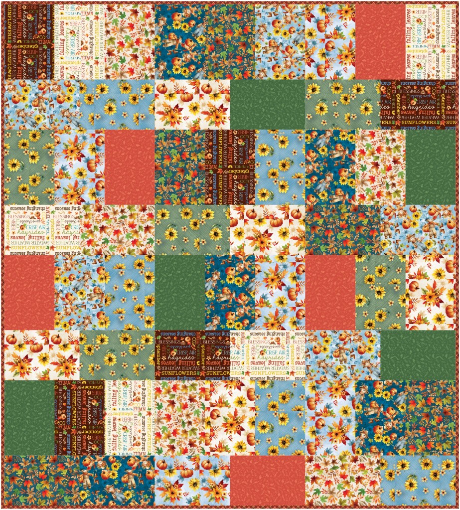 Colorful quilt patchwork featuring floral and autumn-themed designs in various patterns and colors.
