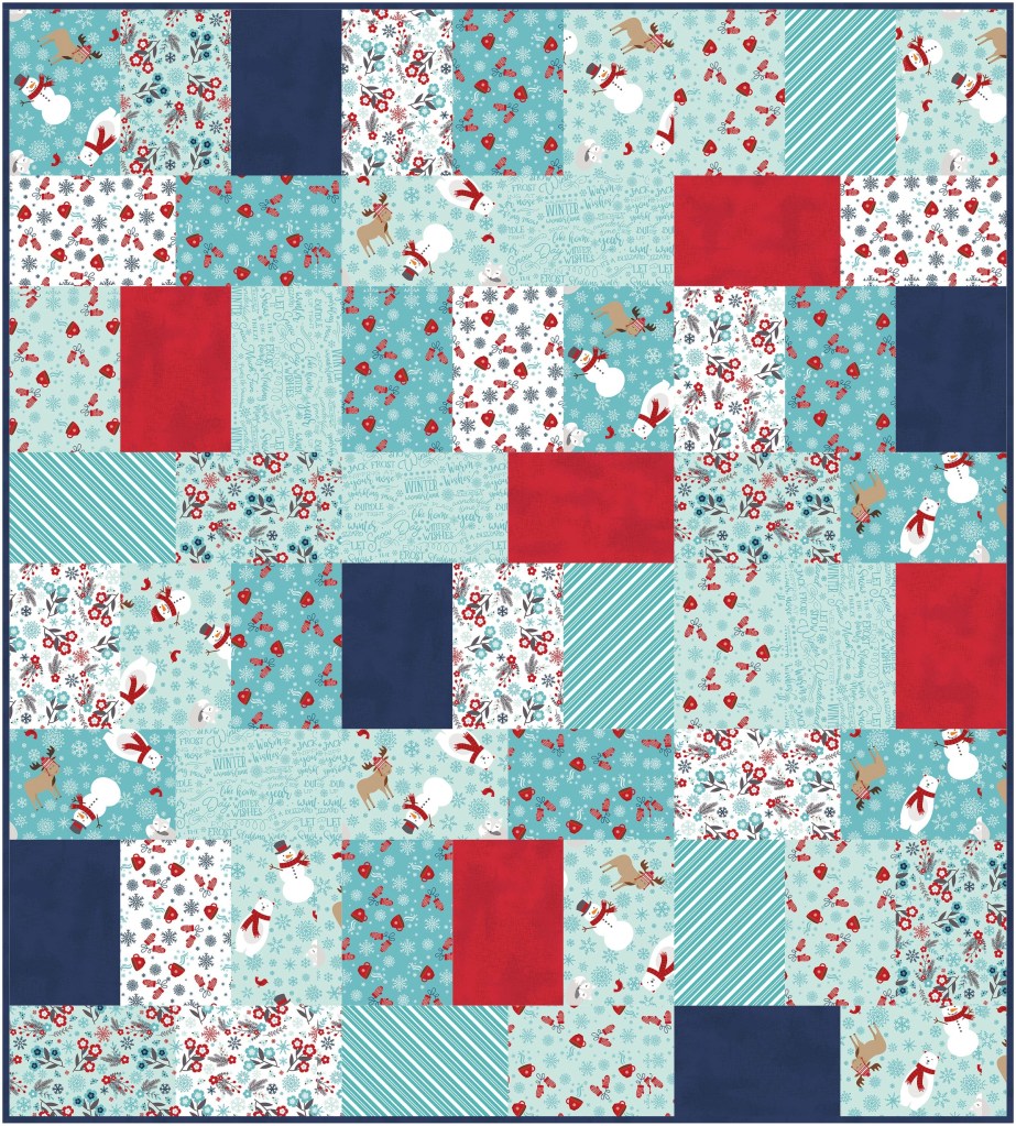 A colorful patchwork quilt featuring various patterns including snowmen, reindeer, flowers, and festive designs in red, blue, and mint green shades.