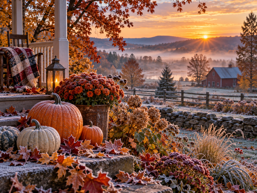 A cozy porch decorated for fall with pumpkins, colorful leaves, and flowers, set against a backdrop of a misty sunrise over a countryside landscape with rolling hills and a red barn.