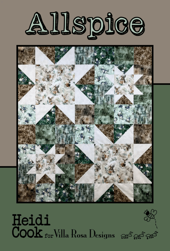 A detailed quilt design titled 'Allspice' by Heidi Cook for Villa Rosa Designs, featuring a star pattern with various green, white, and brown fabric squares depicting nature themes.