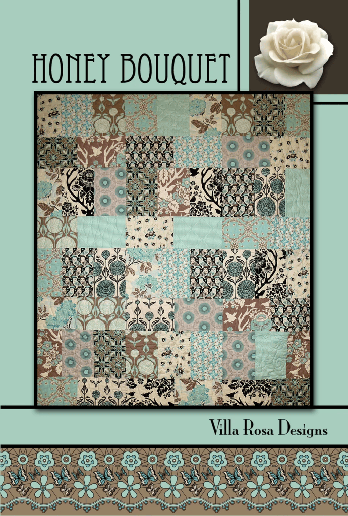 Quilt design titled 'Honey Bouquet' featuring a patchwork of floral and geometric patterns in shades of blue, brown, and cream, with a decorative border and a white rose in the corner.