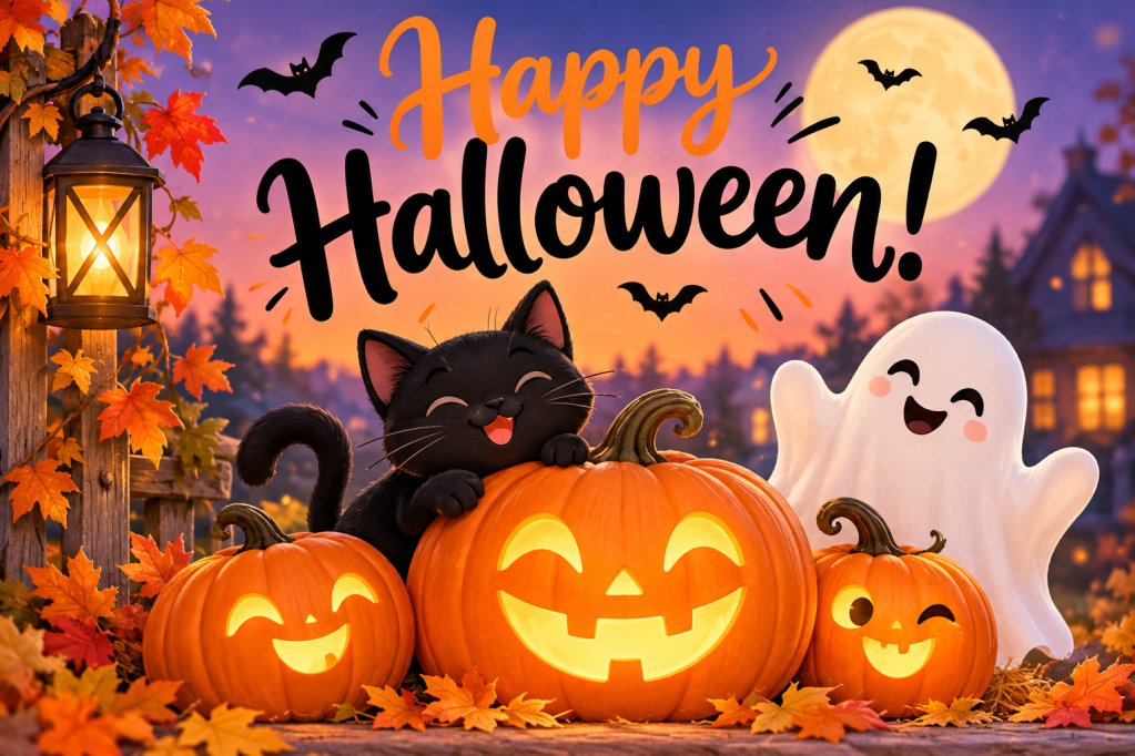 A whimsical Halloween scene featuring a black cat and a cheerful ghost with three carved pumpkins, surrounded by autumn leaves and a lantern, set against a twilight background with a full moon.