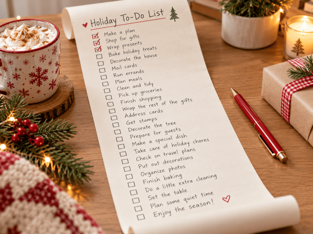 A festive holiday to-do list with tasks like shopping for gifts and baking holiday treats, beside a cup of hot chocolate, a pen, and holiday decorations.