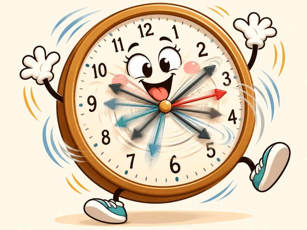 A cheerful animated clock character with arms and a smiling face, joyfully running with spinning hour and minute hands.