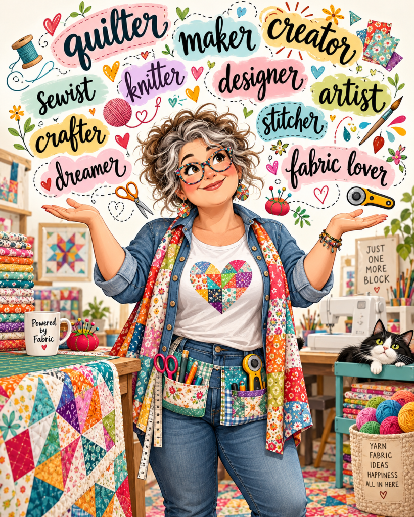 A cheerful woman with curly hair and glasses standing in a vibrant crafting studio filled with colorful fabrics and sewing supplies, showcasing her love for quilting and crafting.