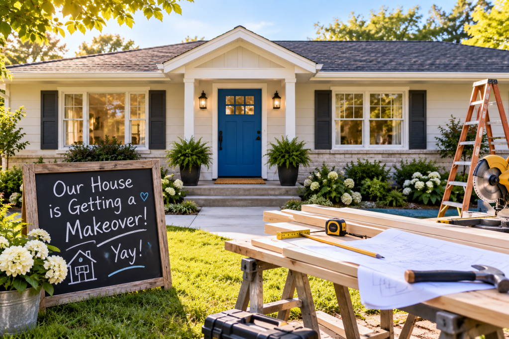 A home exterior featuring a welcoming entrance with a blue door, surrounded by greenery and flowering plants. In the foreground, a chalkboard sign reads 'Our House is Getting a Makeover! Yay!' with construction tools and plans on a wooden table.