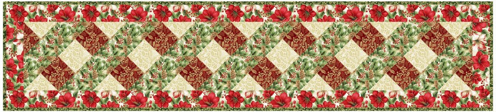 A decorative fabric pattern featuring a repeating diamond design in red, cream, and green, surrounded by floral motifs of red hibiscus and green foliage.