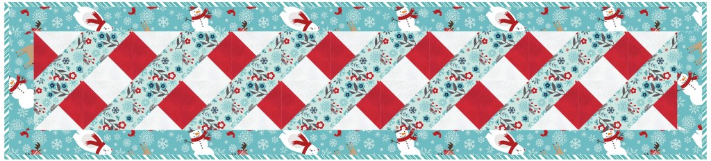 Patterned fabric featuring a festive design with red and white diamond shapes and snowmen set against a light blue background.