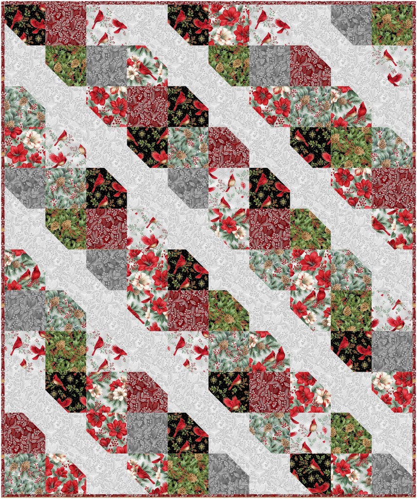 A colorful patchwork quilt featuring an arrangement of floral and bird patterns in red, green, gray, and black, displayed in a diagonal layout against a light background.