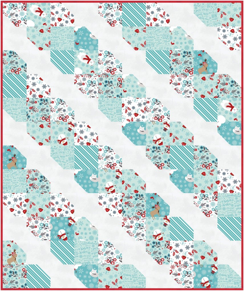 A patterned quilt featuring various designs, including snowmen, floral elements, and winter motifs in shades of blue and red, arranged in an overlapping octagonal layout against a light background.