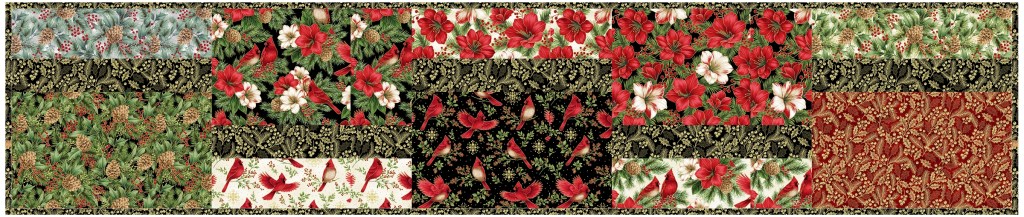 A decorative fabric panel featuring various patterns with festive floral designs, including red flowers, green foliage, pine cones, and cardinals, arranged in a patchwork style.
