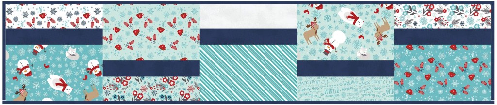 A patchwork design featuring various winter-themed prints, including snowmen, reindeer, and snowflakes, arranged in a grid pattern with blue and white backgrounds.