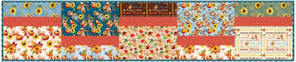 A colorful patchwork of fabric patterns featuring sunflowers, pumpkins, and fall leaves, with sections in vibrant colors and autumn-themed designs.