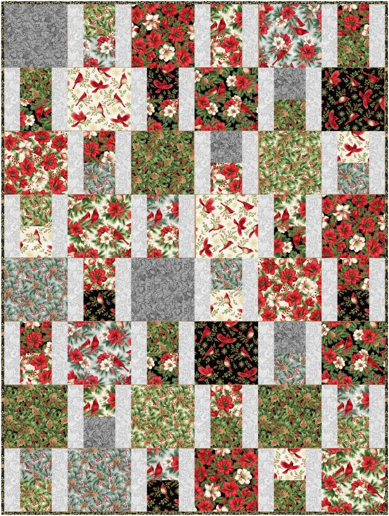 A colorful quilt featuring a patchwork design with floral patterns in red, green, and gray, showcasing poinsettias, cardinals, and holiday themes.