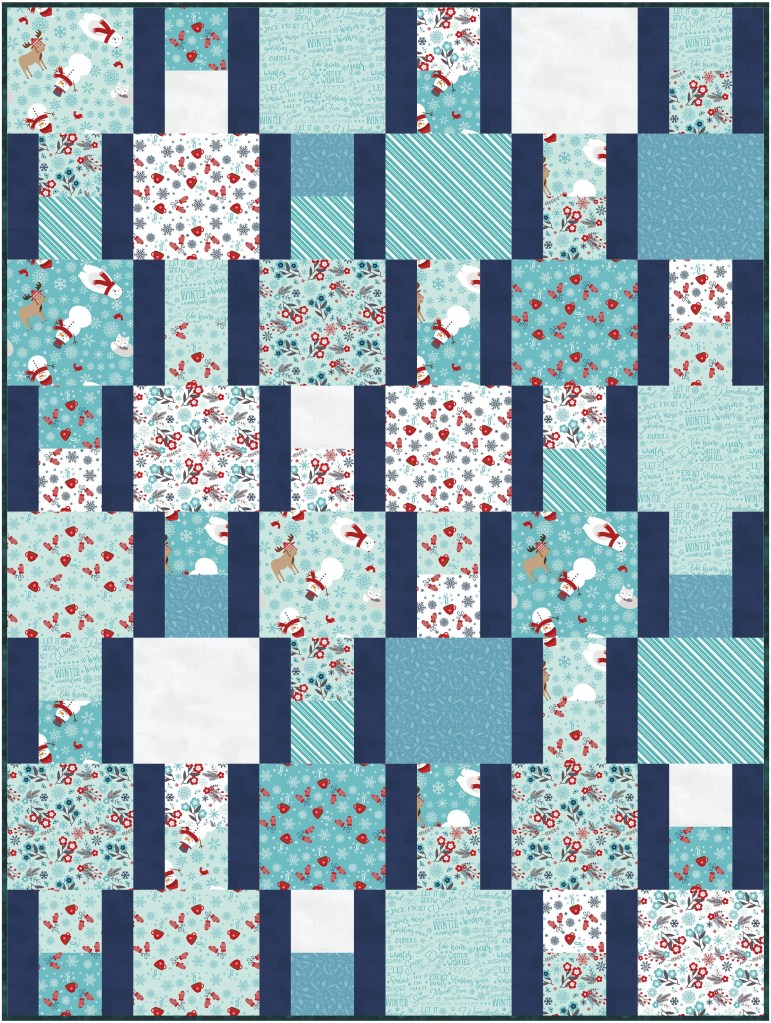 A colorful quilt design featuring a patchwork of various patterned squares, including floral designs, snowflakes, and festive motifs, arranged in a grid layout with dark blue borders.